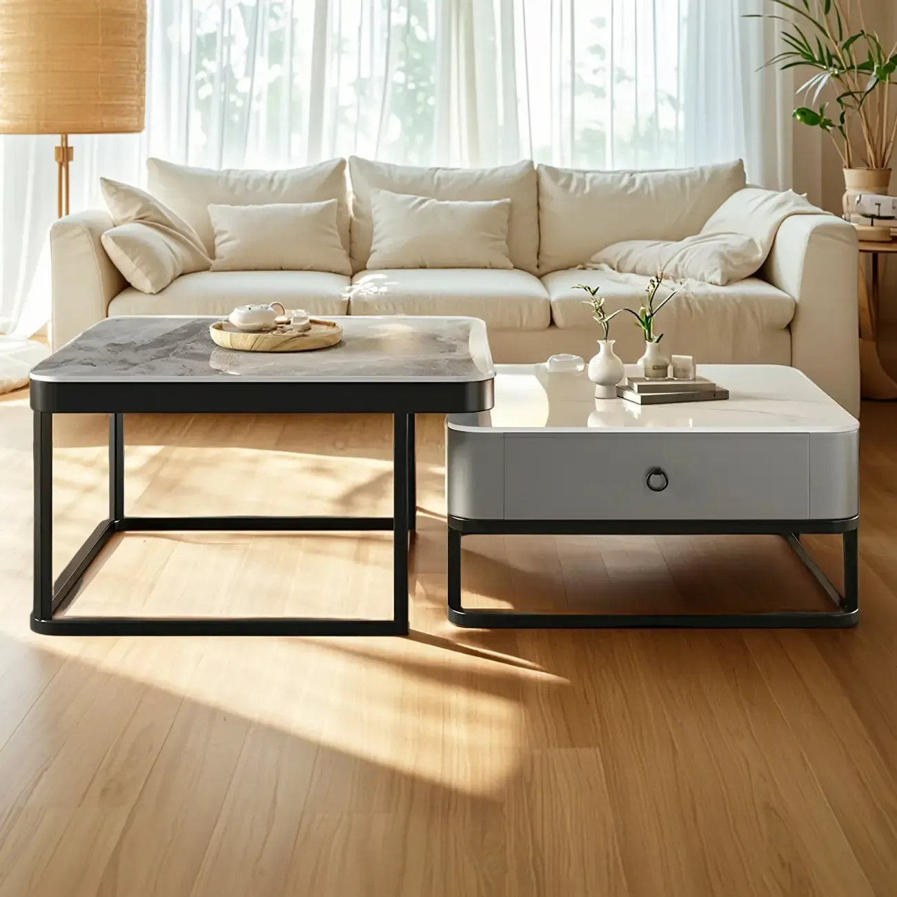 Minimalist Marble Coffee Table with Storage for Living Room Image - 1