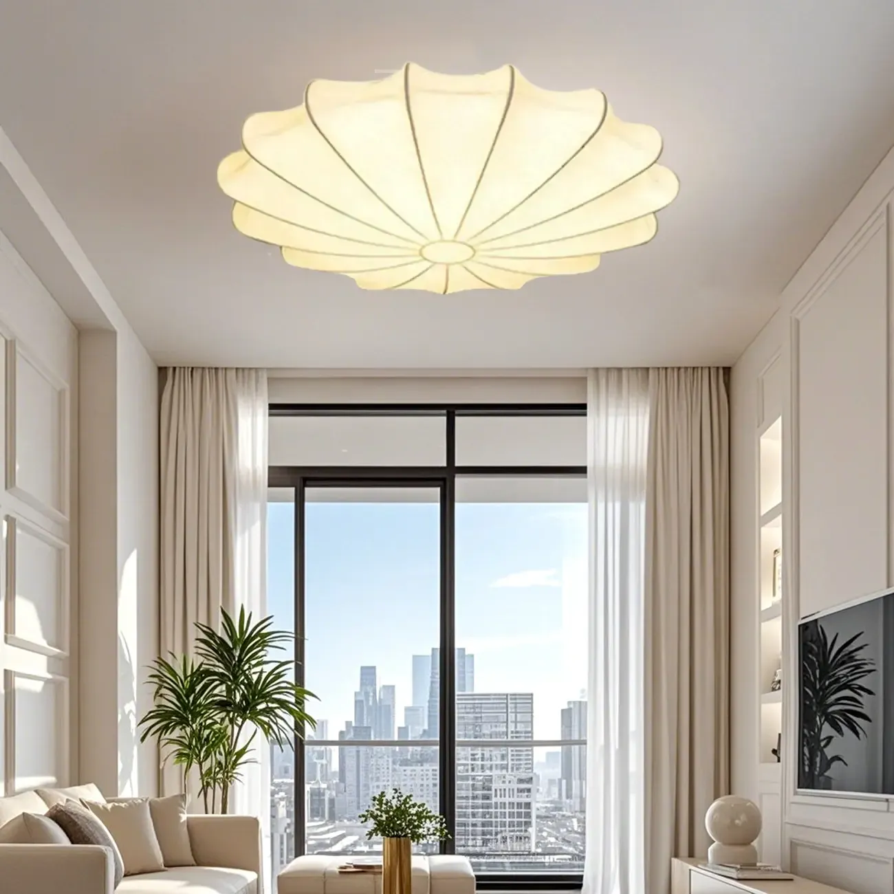 Floral Semi Flush Ceiling Light with Silk Shade for Living Room  Image - 5