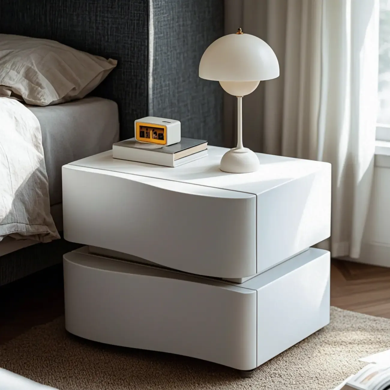 Stylish Solid Wood White Nightstand With 2 Drawer  Image - 2