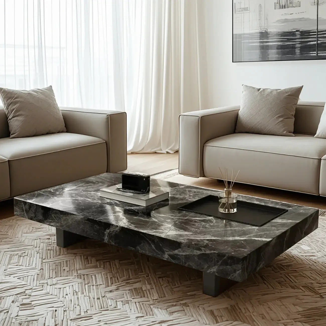 Modern Stone Black Rectangular Metal Base Table Image - 2