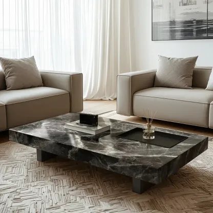 Modern Stone Black Rectangular Metal Base Table Image - 2