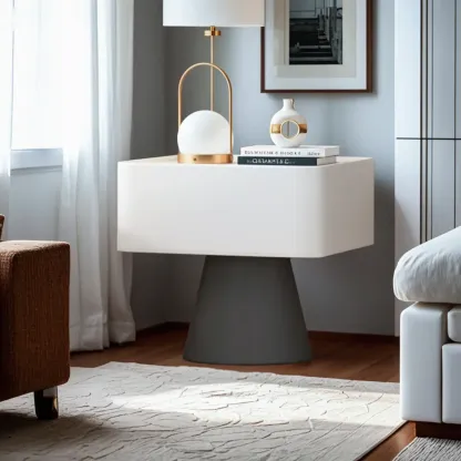 White Modern Faux Leather Nightstand with Drawer  Image - 3