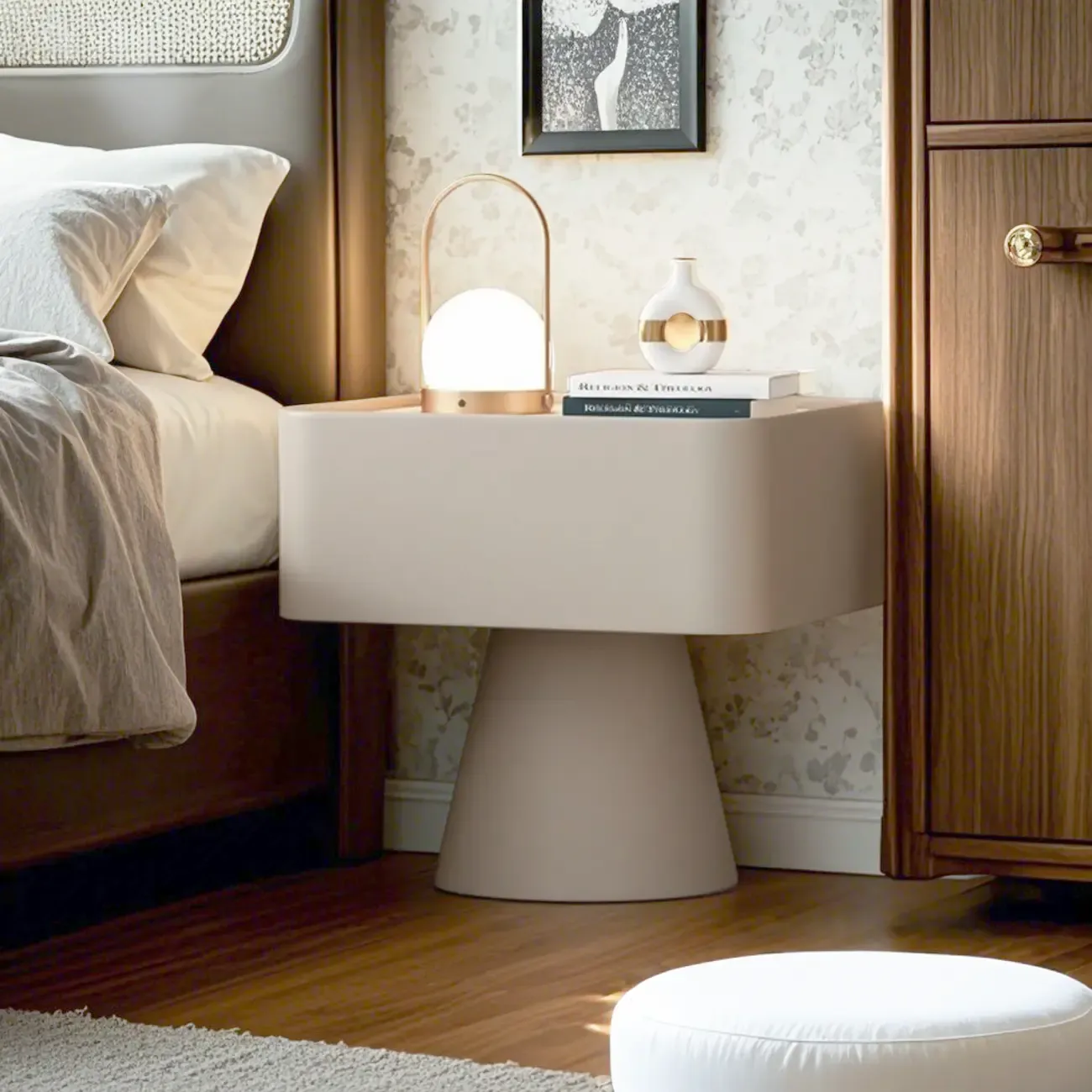 White Modern Faux Leather Nightstand with Drawer  Image - 1