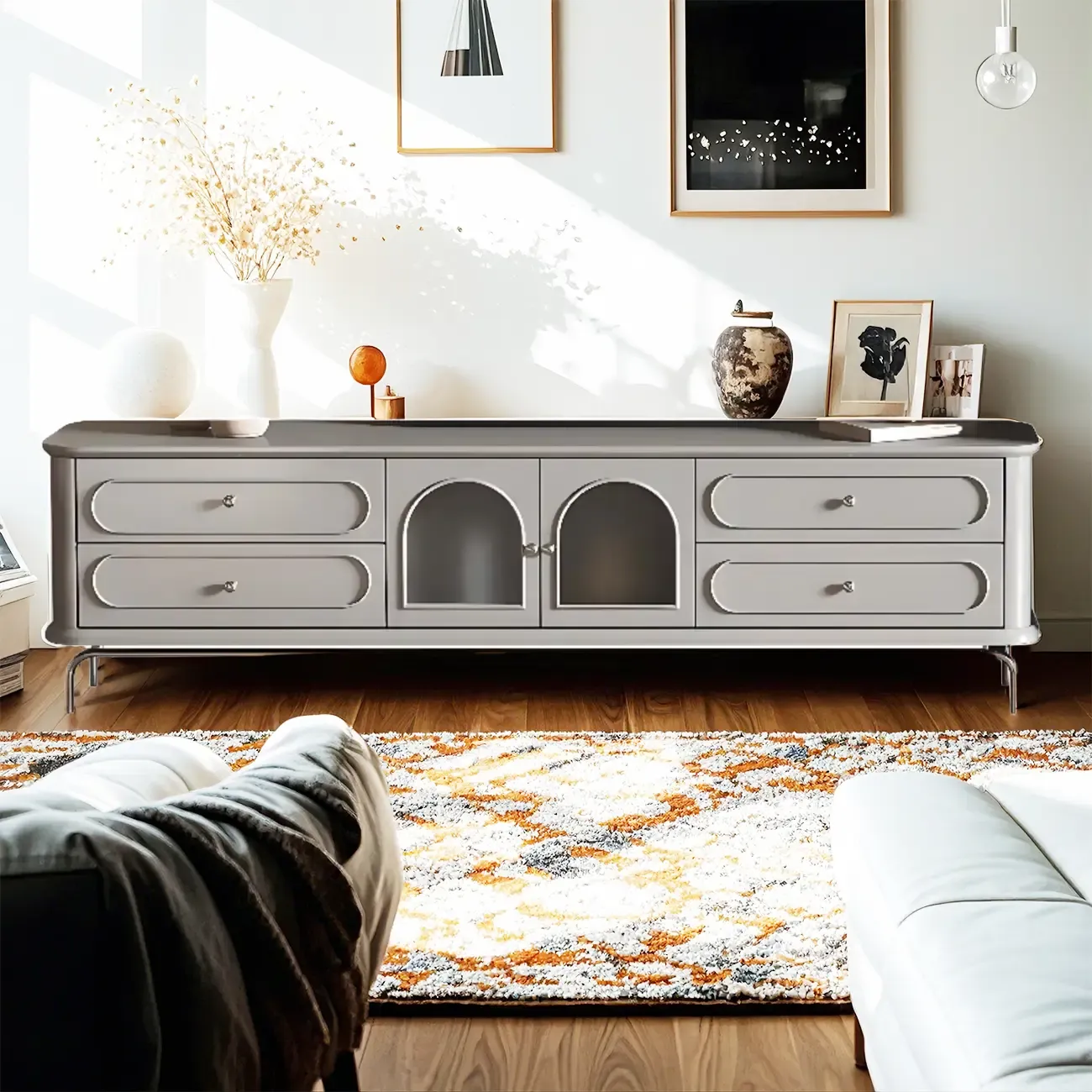 Contemporary Grey Wooden TV Stand with 4-Drawers for Home Image - 1