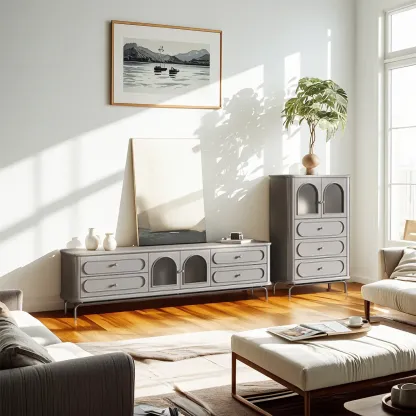Contemporary Grey Wooden TV Stand with 4-Drawers for Home Image - 2