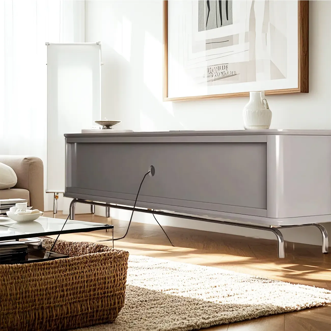 Contemporary Grey Wooden TV Stand with 4-Drawers for Home Image - 4