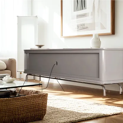 Contemporary Grey Wooden TV Stand with 4-Drawers for Home Image - 4