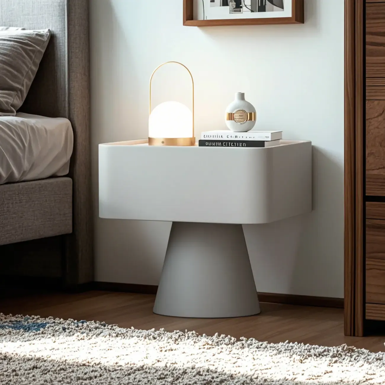 White Modern Faux Leather Nightstand with Drawer  Image - 2