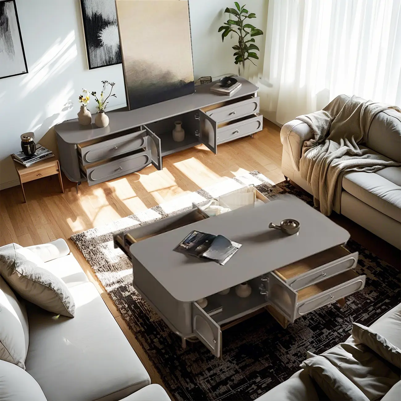 Contemporary Grey Wooden TV Stand with 4-Drawers for Home Image - 3 | homeyfad