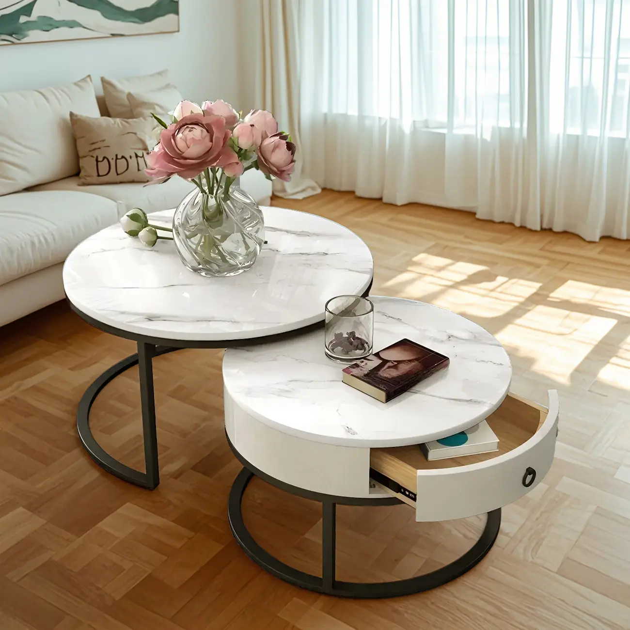 Elegant Marble White Round Coffee Table with Storage Image - 1 | homeyfad