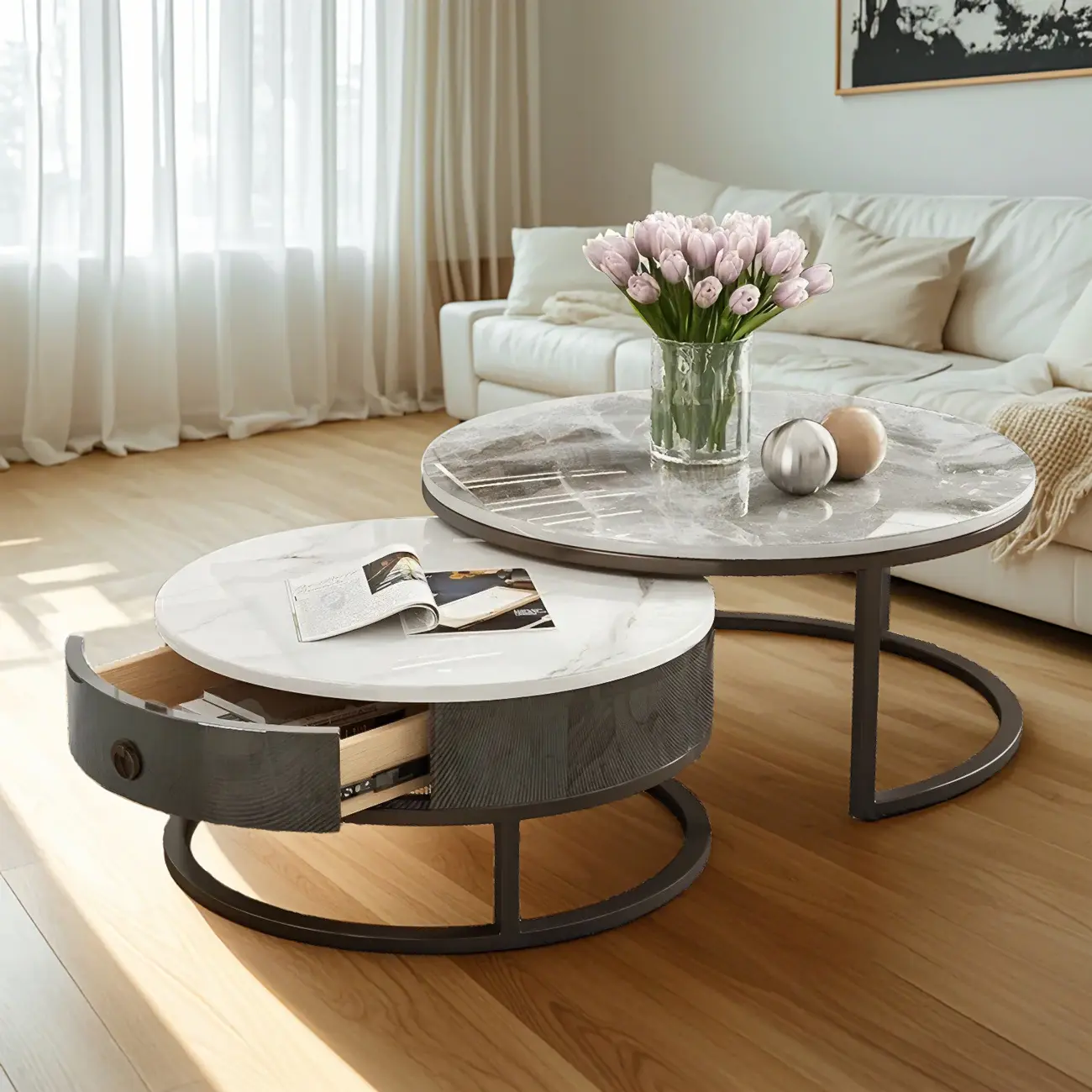 Elegant Marble White Round Coffee Table with Storage Image - 2 | homeyfad