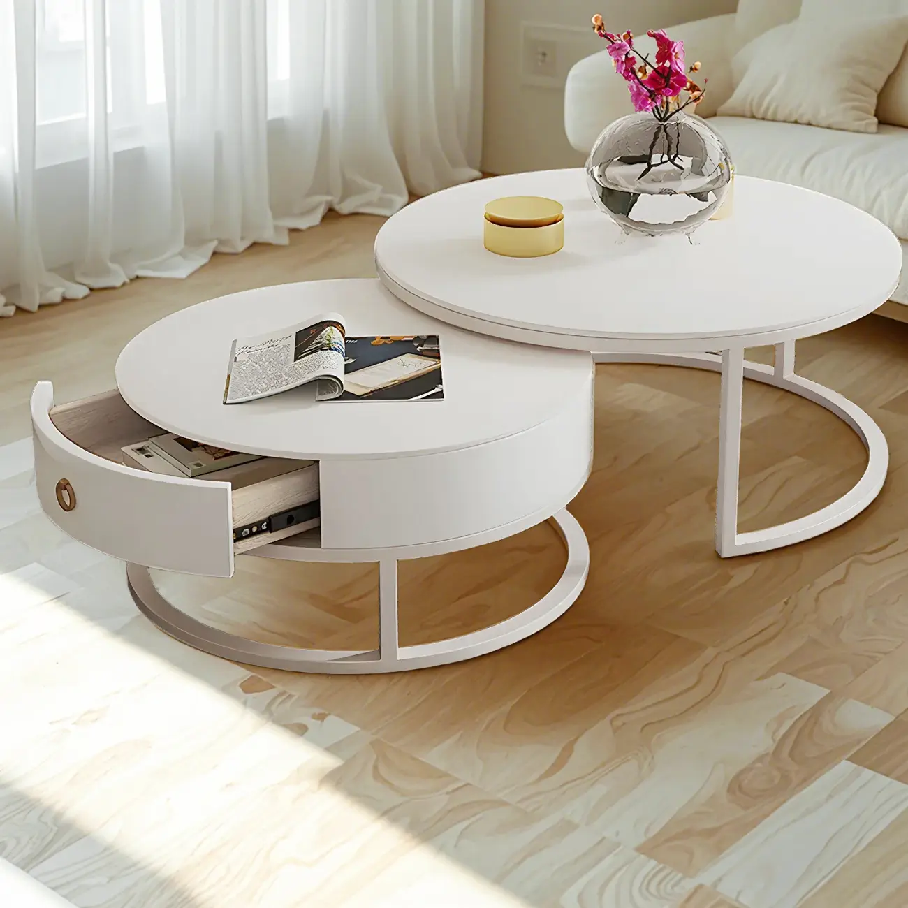 Elegant Marble White Round Coffee Table with Storage Image - 3 | homeyfad