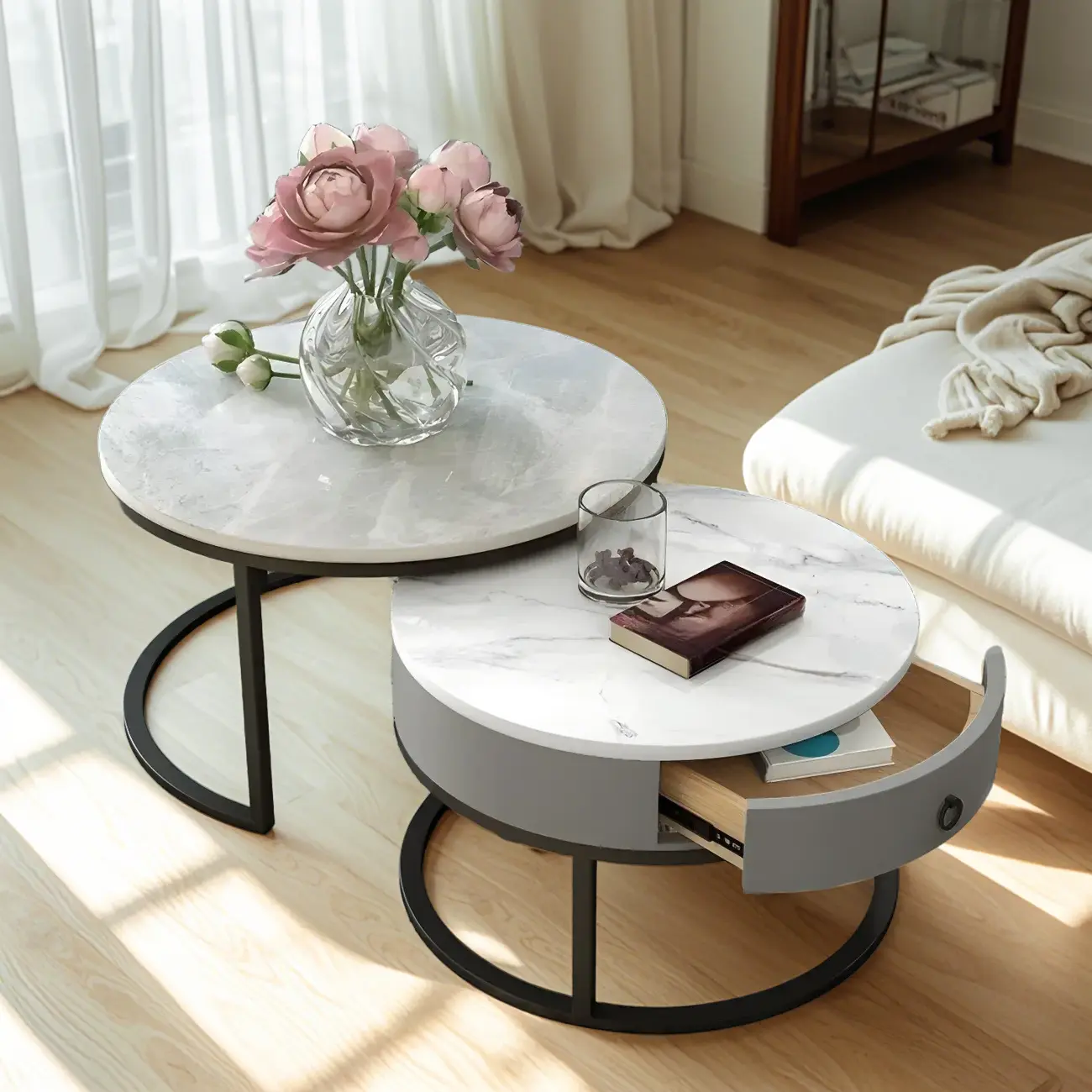 Elegant Marble White Round Coffee Table with Storage Image - 5 | homeyfad