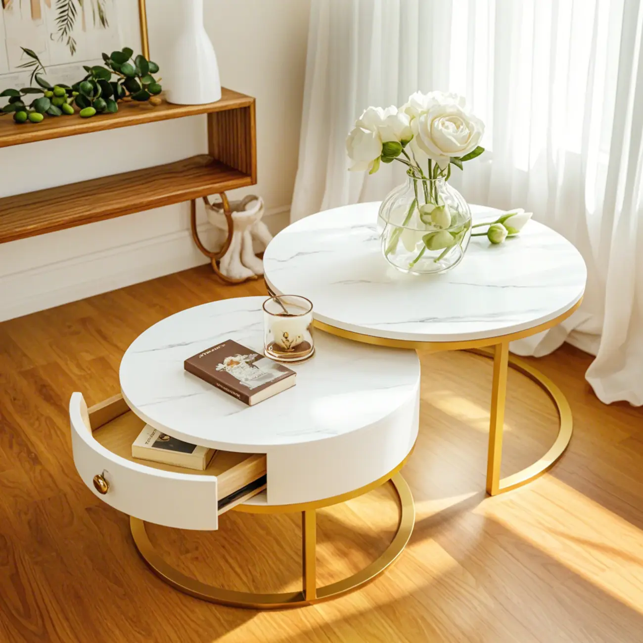 Elegant Marble White Round Coffee Table with Storage Image - 6 | homeyfad