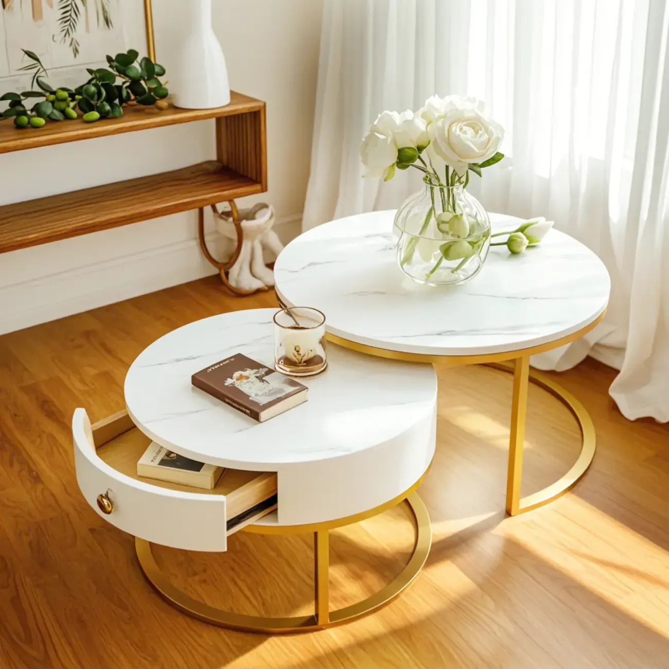 Elegant Marble White Round Coffee Table with Storage Image - 6