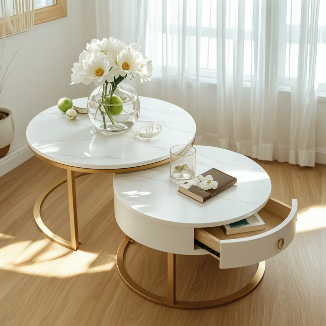 Elegant Marble White Round Coffee Table with Storage Image - 7 | homeyfad