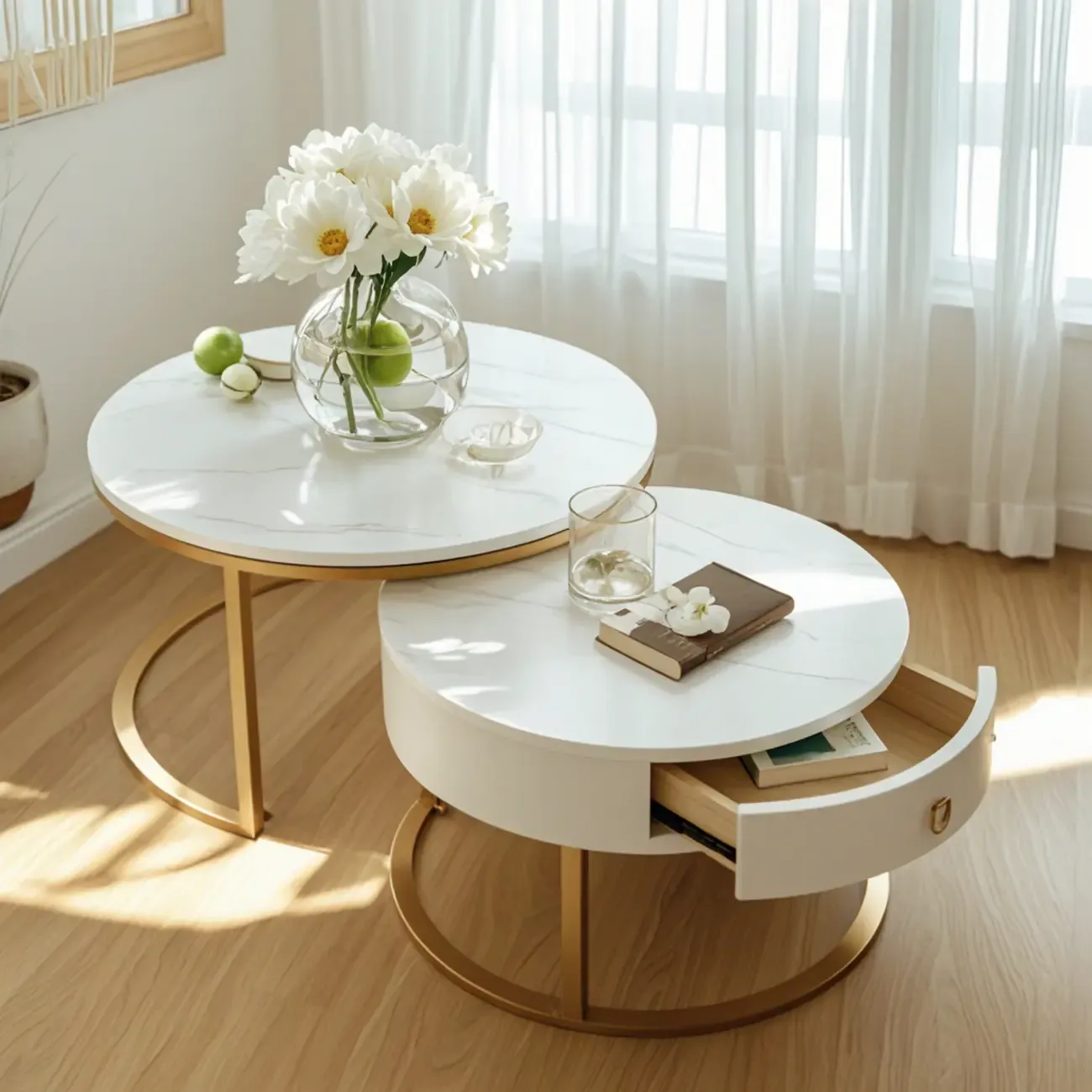 Elegant Marble White Round Coffee Table with Storage Image - 7