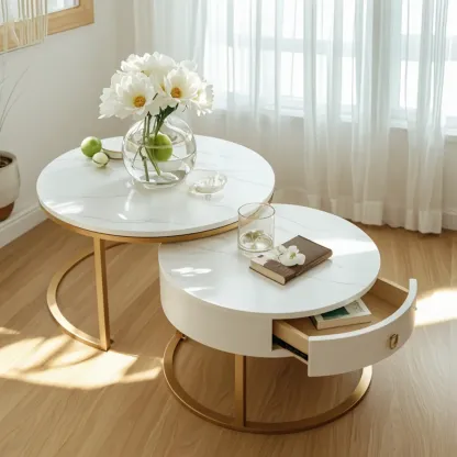 Elegant Marble White Round Coffee Table with Storage Image - 7