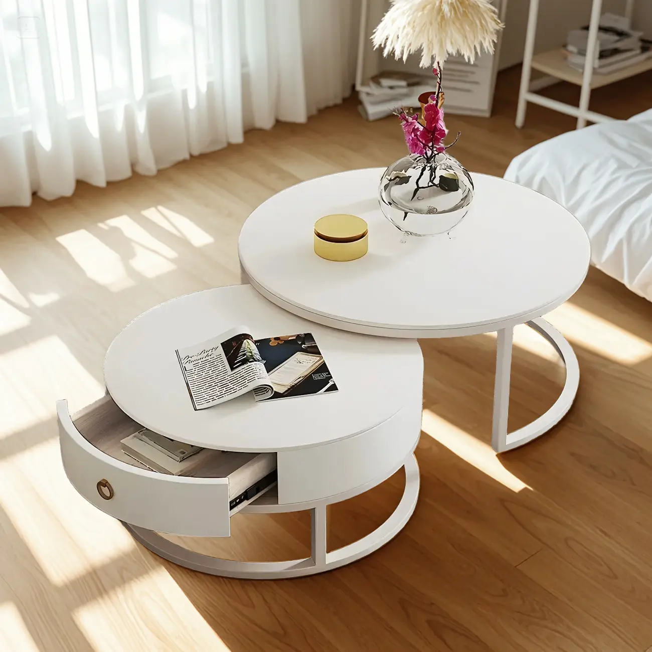 Elegant Marble White Round Coffee Table with Storage Image - 8 | homeyfad