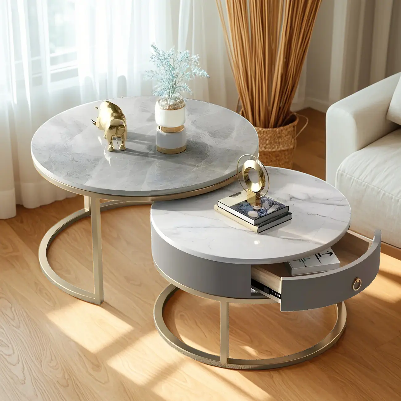Elegant Marble White Round Coffee Table with Storage Image - 11 | homeyfad