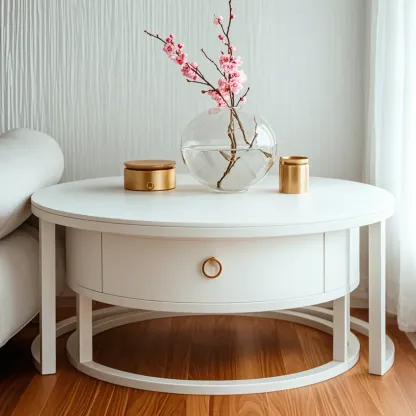 Elegant Marble White Round Coffee Table with Storage Image - 12