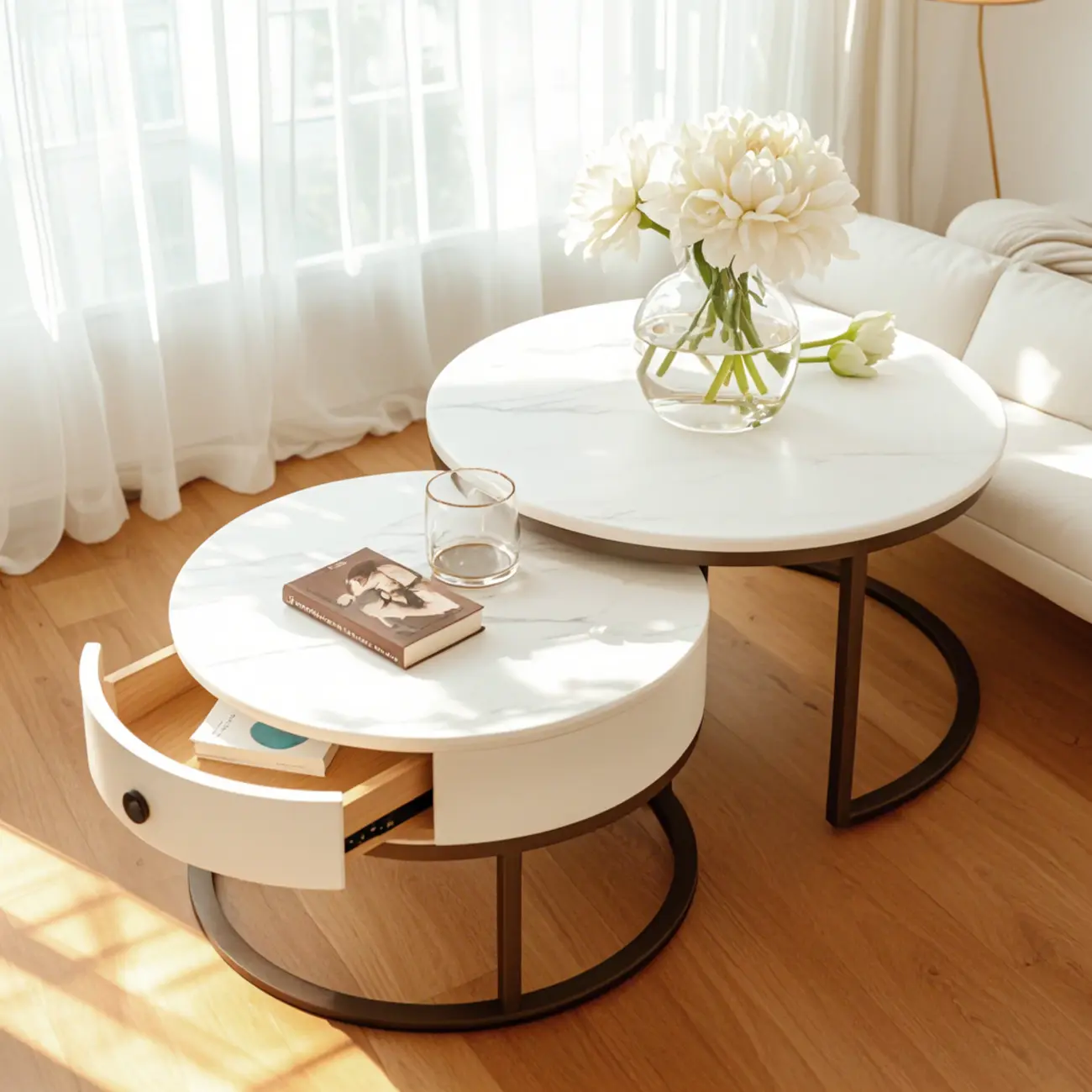 Elegant Marble White Round Coffee Table with Storage Image - 13 | homeyfad
