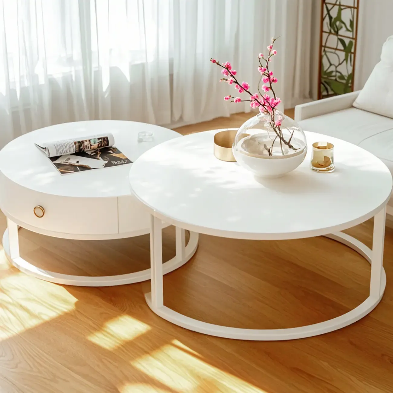Elegant Marble White Round Coffee Table with Storage Image - 15