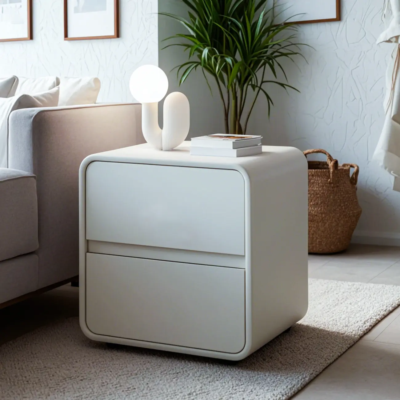 Simplistic Beige Faux Leather Bedside Table with Drawers Storage Image - 2 | homeyfad