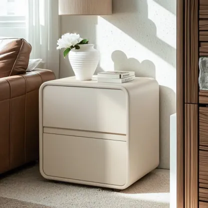 Simplistic Beige Faux Leather Bedside Table with Drawers Storage Image - 1