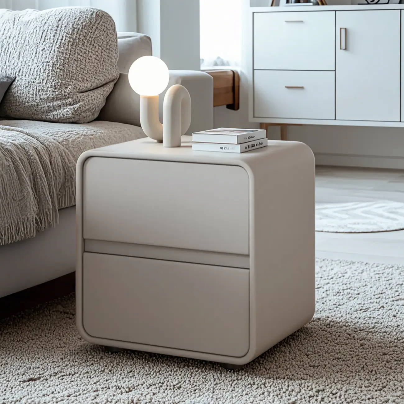 Simplistic Beige Faux Leather Bedside Table with Drawers Storage Image - 4 | homeyfad