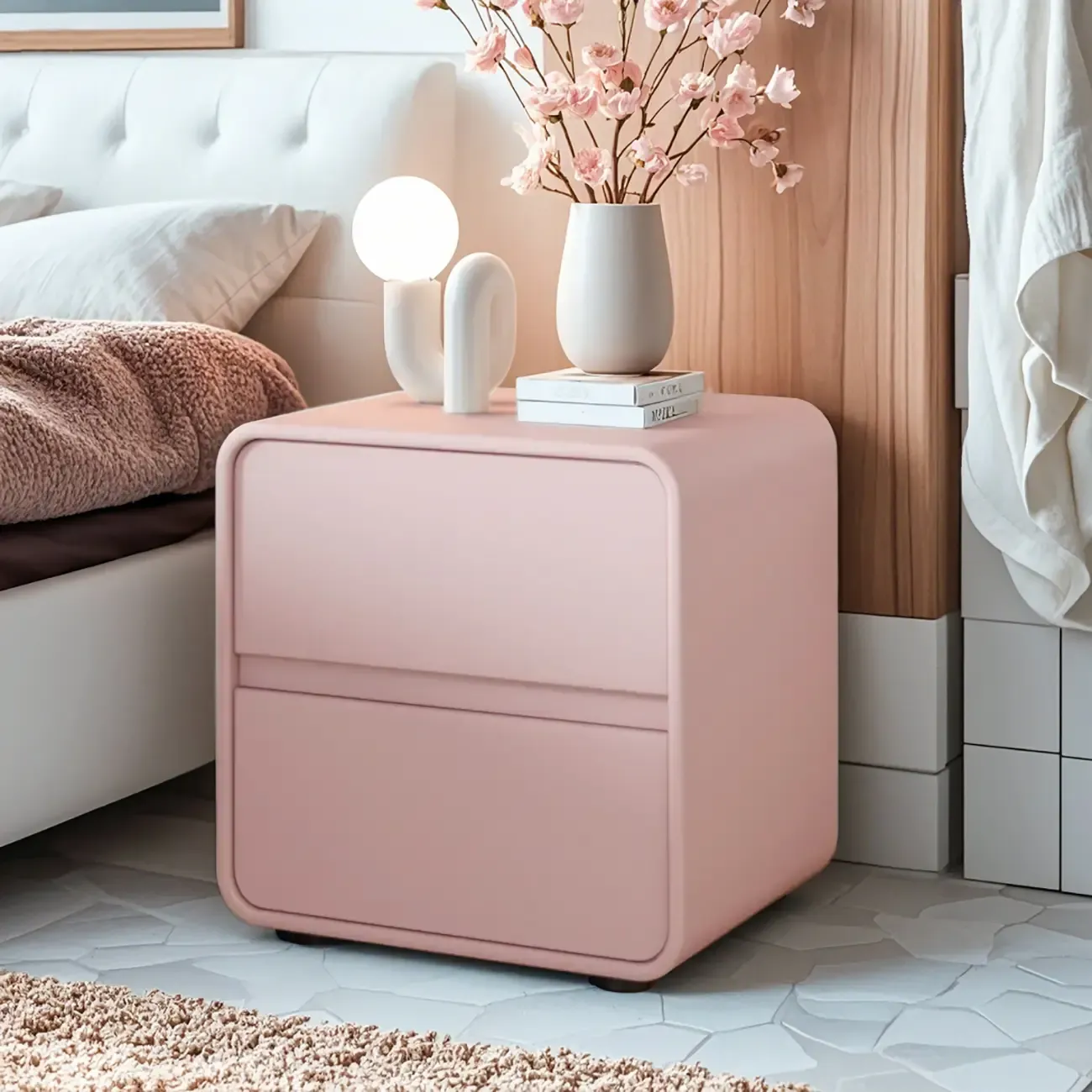 Simplistic Beige Faux Leather Bedside Table with Drawers Storage Image - 5