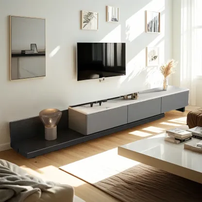 Elegant Stone TV Stand with Open Shelving & Drawers Image - 1