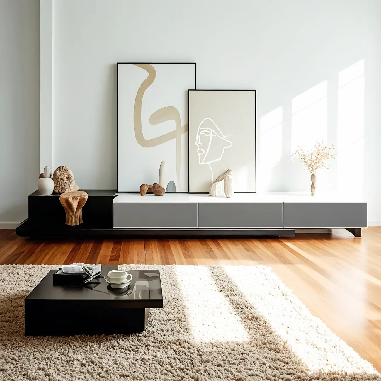 Elegant Stone TV Stand with Open Shelving & Drawers Image - 2