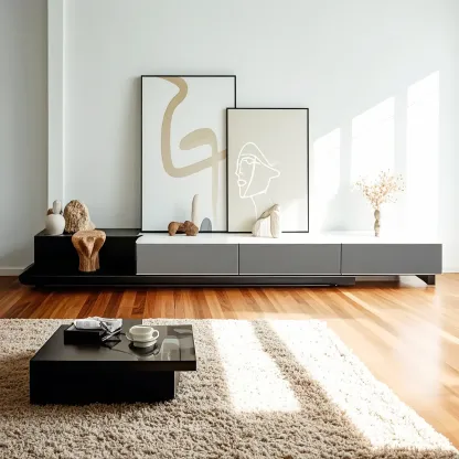 Elegant Stone TV Stand with Open Shelving & Drawers Image - 2