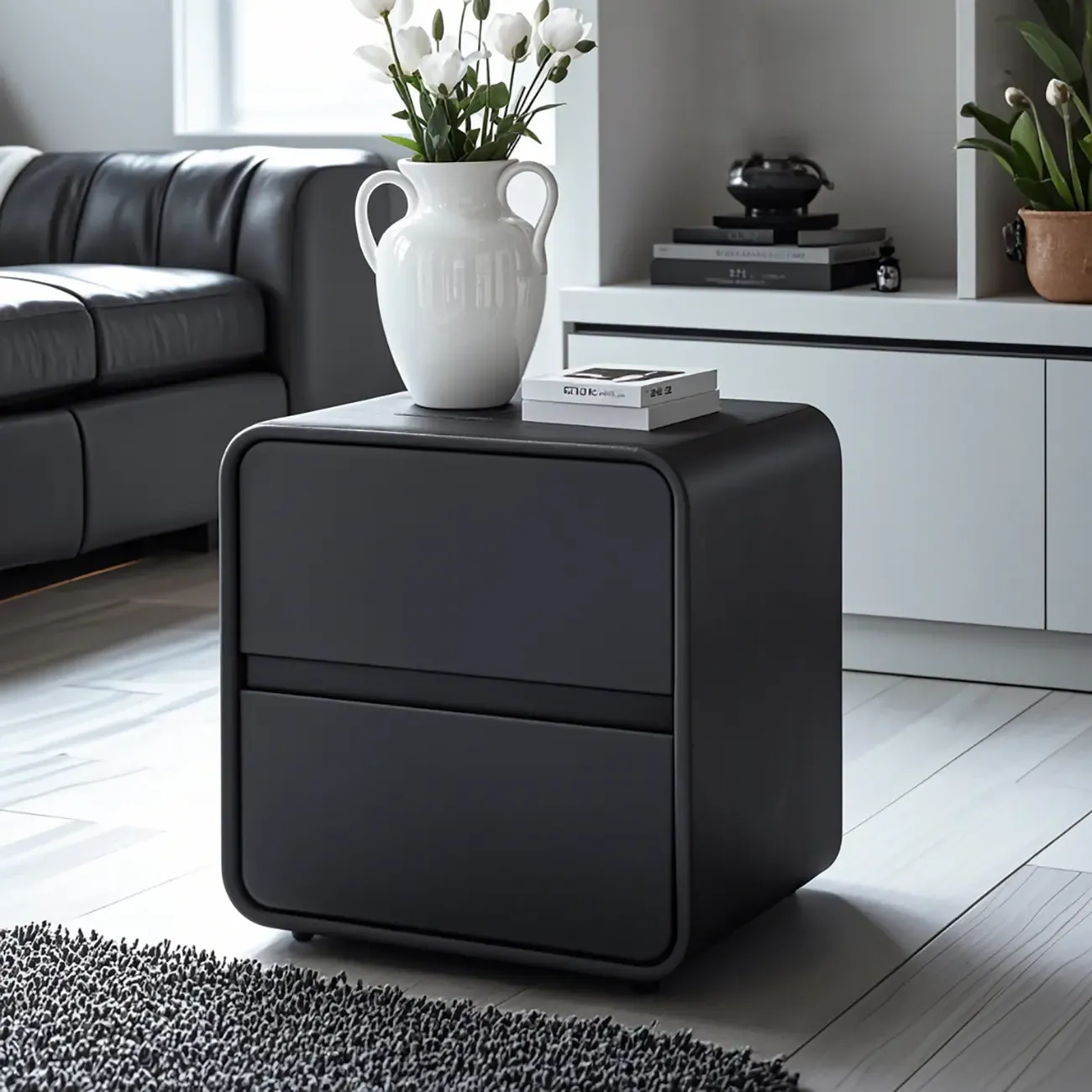 Simplistic Beige Faux Leather Bedside Table with Drawers Storage Image - 3
