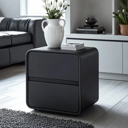 Simplistic Beige Faux Leather Bedside Table with Drawers Storage Image - 3
