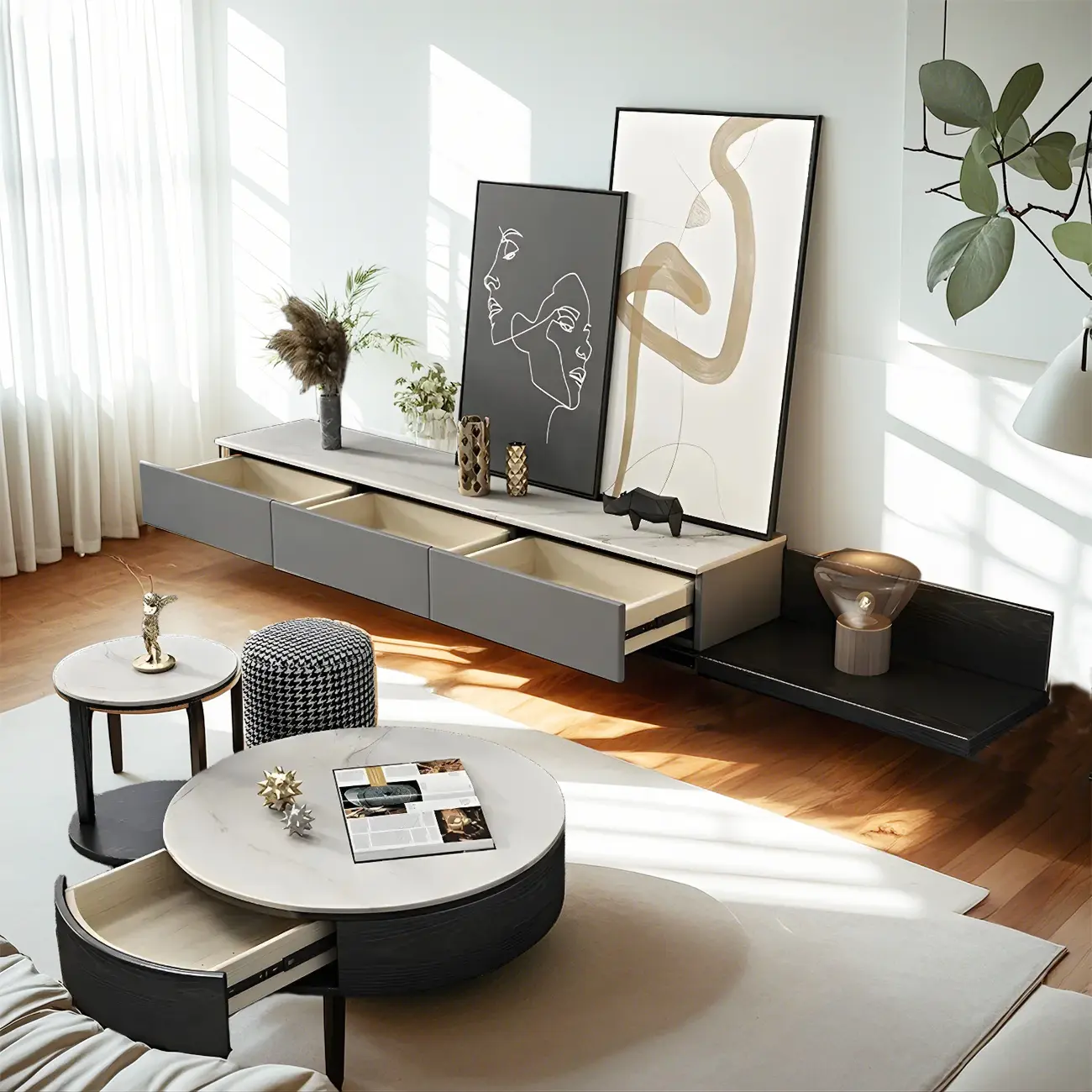 Elegant Stone TV Stand with Open Shelving & Drawers Image - 3 | homeyfad