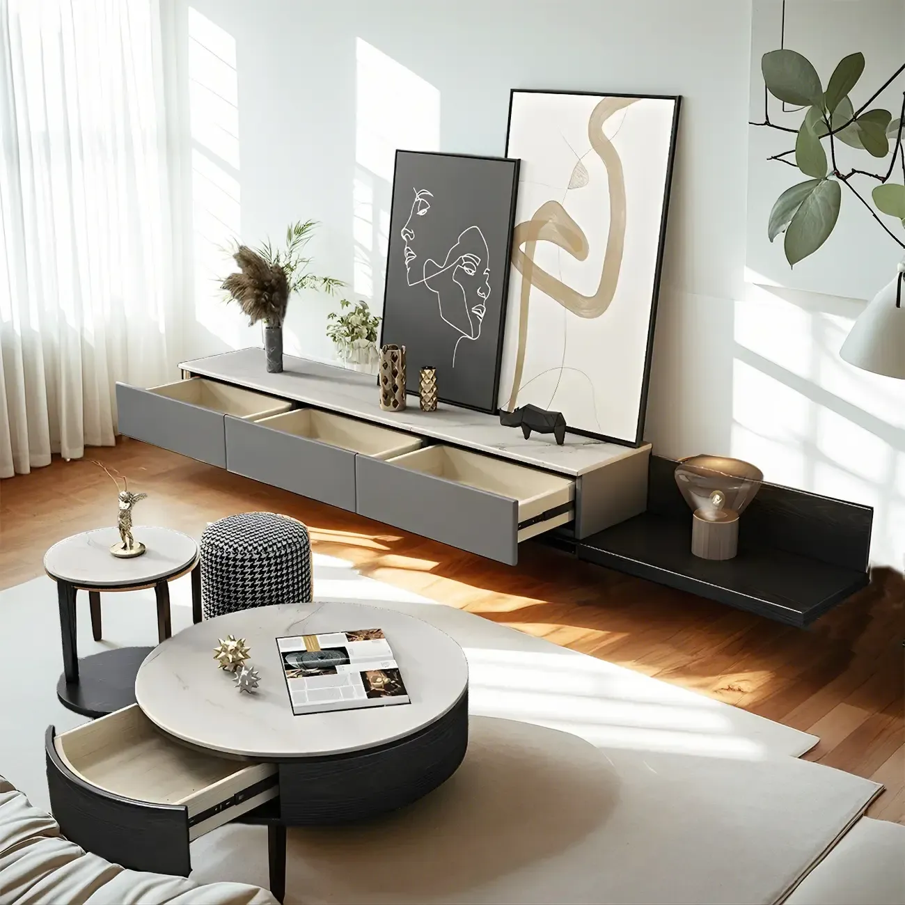 Elegant Stone TV Stand with Open Shelving & Drawers Image - 3