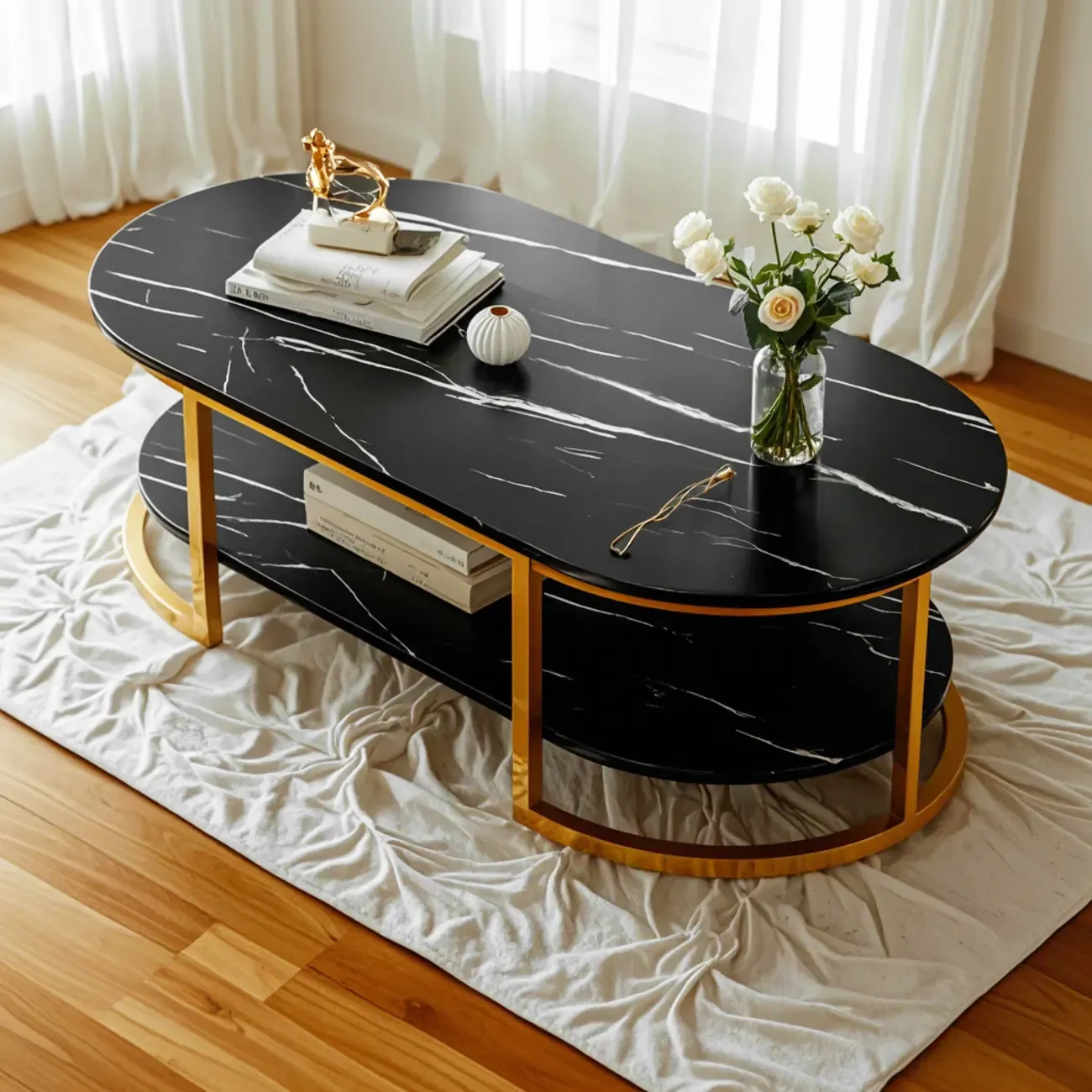 Modern Black Marble Coffee Table with A Shelf & Gold Frame Image - 1