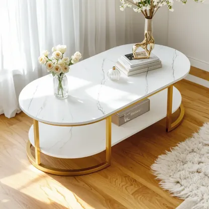 Modern Black Marble Coffee Table with A Shelf & Gold Frame Image - 2