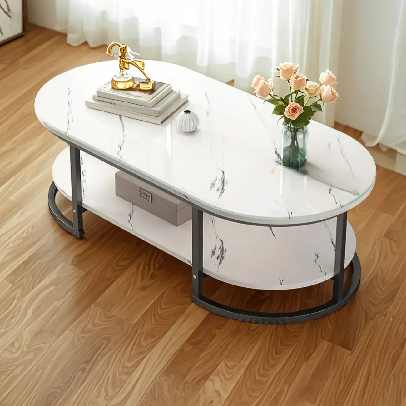 Modern Black Marble Coffee Table with A Shelf & Gold Frame Image - 4