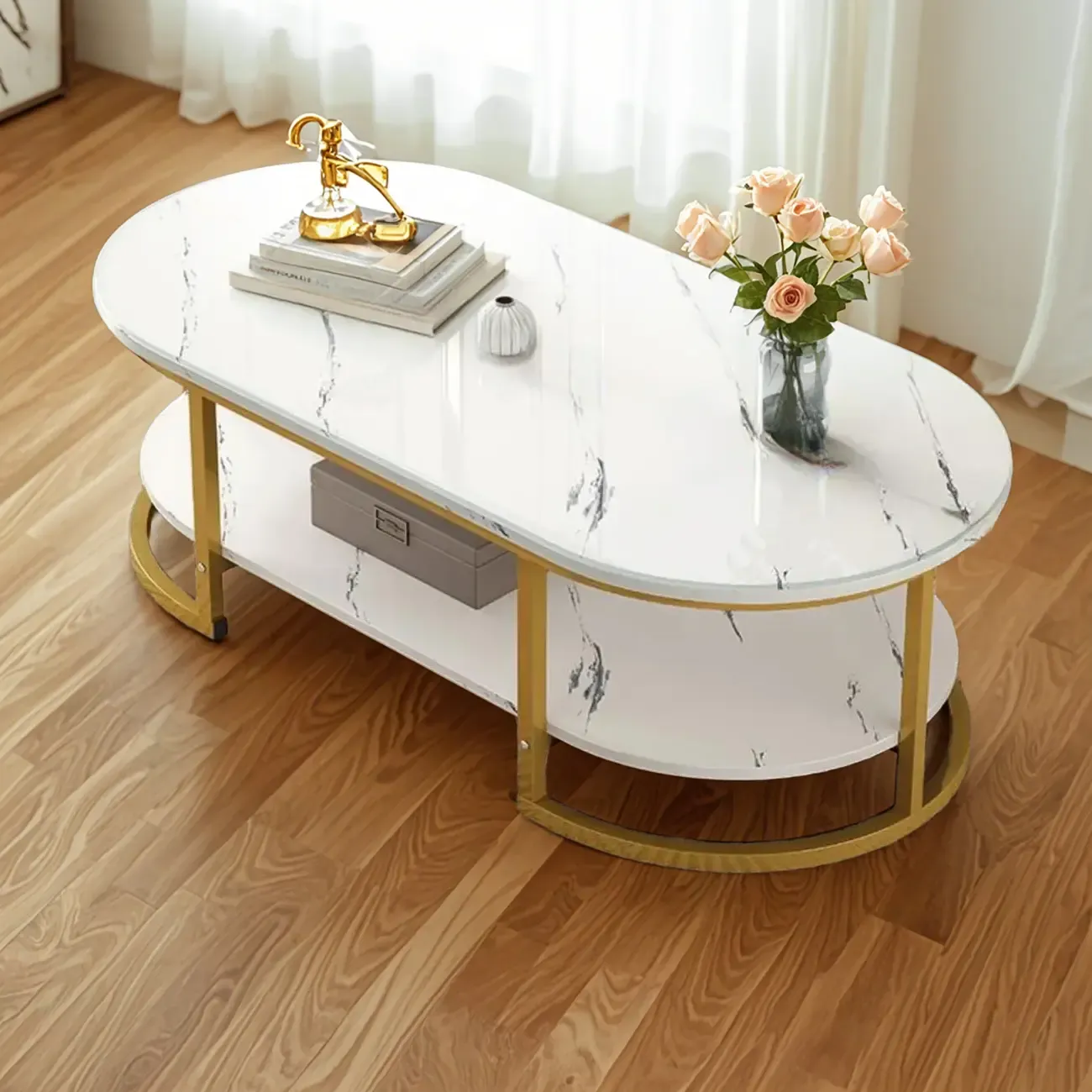 Modern Black Marble Coffee Table with A Shelf & Gold Frame Image - 5
