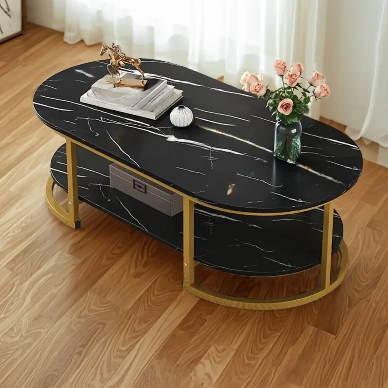 Modern Black Marble Coffee Table with A Shelf & Gold Frame Image - 11