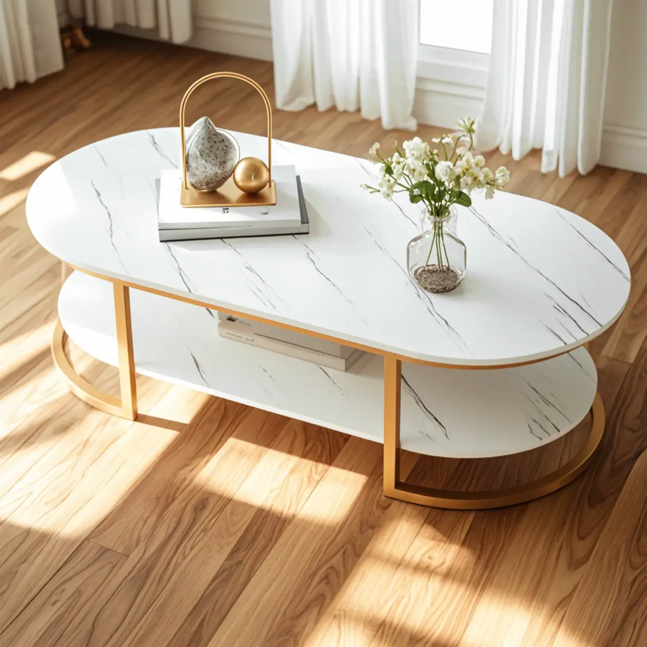 Modern Black Marble Coffee Table with A Shelf & Gold Frame Image - 12 | homeyfad