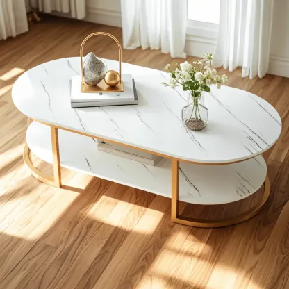 Modern Black Marble Coffee Table with A Shelf & Gold Frame Image - 12