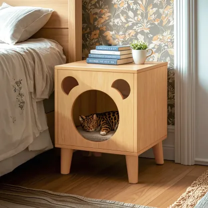 Modern Natural Wood Pet-Friendly Bedside Table with Bear Pattern Image - 2