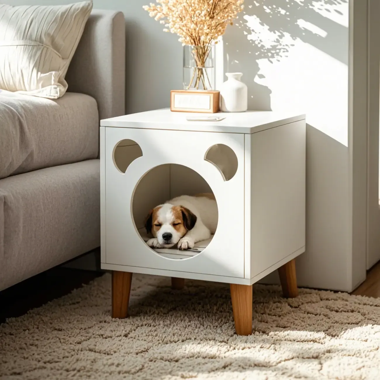 Modern Natural Wood Pet-Friendly Bedside Table with Bear Pattern Image - 3
