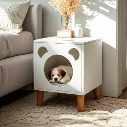 Modern Natural Wood Pet-Friendly Bedside Table with Bear Pattern Image - 3