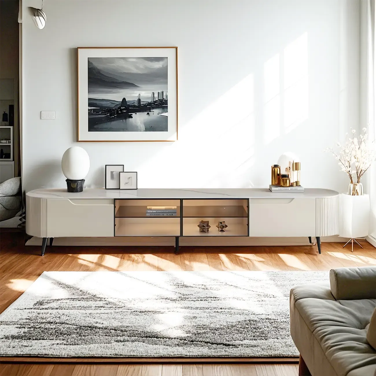 Durable Beige Wooden TV Stand with Open Storage & Drawers Image - 2