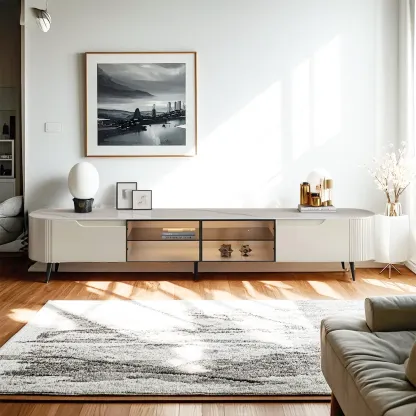 Durable Beige Wooden TV Stand with Open Storage & Drawers Image - 2
